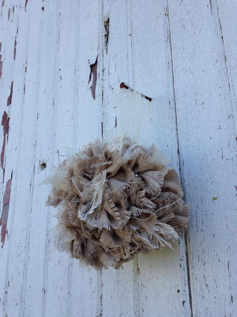 Rustic Romantic Shabby Chic Burlap Flower Alternative Pomander Burlap Kissing Ball Flower Girl Basket Lace and Pearl Wedding 7 Inch