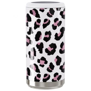 May include: A white stainless steel can cooler with a pink and black leopard print design.