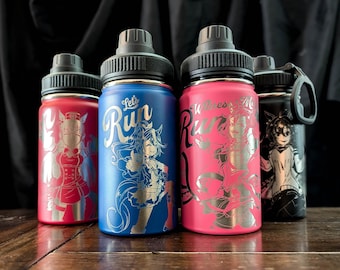 May include: Four stainless steel water bottles with black screw-top lids. The bottles are red, blue, pink, and black, each featuring a laser-engraved anime-style character. The blue bottle displays the text Let's Run, and the pink bottle says Witness Me.