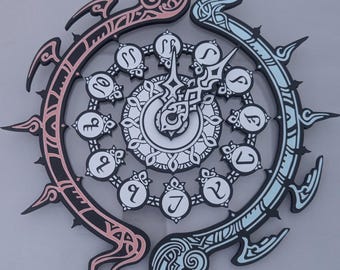 May include: A circular wall clock featuring a central white dial with black intricate knotwork and twelve unique symbols. The outer frame is composed of two stylized dragon-like forms, one in a soft pink and the other in a light blue, with black accents.