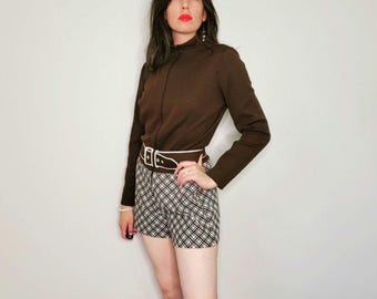 60s Mod Romper: Brown Textured Polyester Plaid Mini Shorts - ACT III