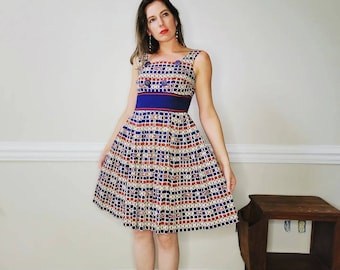 50s Red White and Blue Pleated Dress Novelty Print Size XS