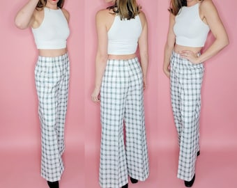 1960s White Gray and Black Plaid Wide Leg Trouser