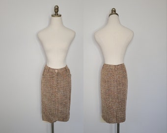 1990s Newport News Brown and Tan Tweed Pencil Skirt Size 8