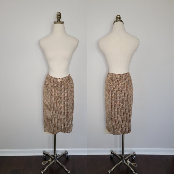 1990s Newport News Brown and Tan Tweed Pencil Skirt Size 8