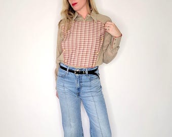 Vintage Button Up Western Shirt Tan and Plaid Karman
