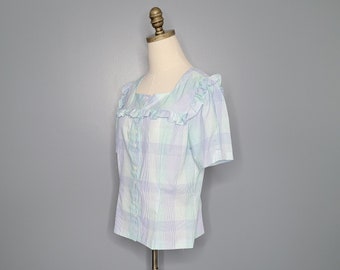 1980s White Blue and Green Plaid Ruffled Blouse Panther Eighties Top