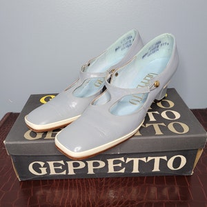 70s Geppetto Pumps Square Toe Blue Gray Heeled Loafer 8.5 Narrow Seventies