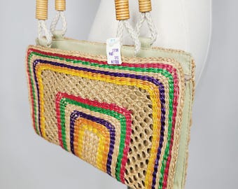 1970s Rainbow Rattan Shoulder Bag, Woven Straw Tote