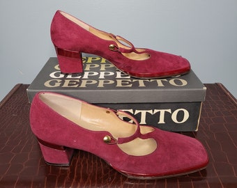 1970s Geppetto Pumps Wine 8.5 Narrow 70s Suede Heels Burgundy Seventies Party SB4