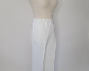 1960s White Wideleg Pants Textured Polyester High Waisted Trouser Geometric Diamond Design