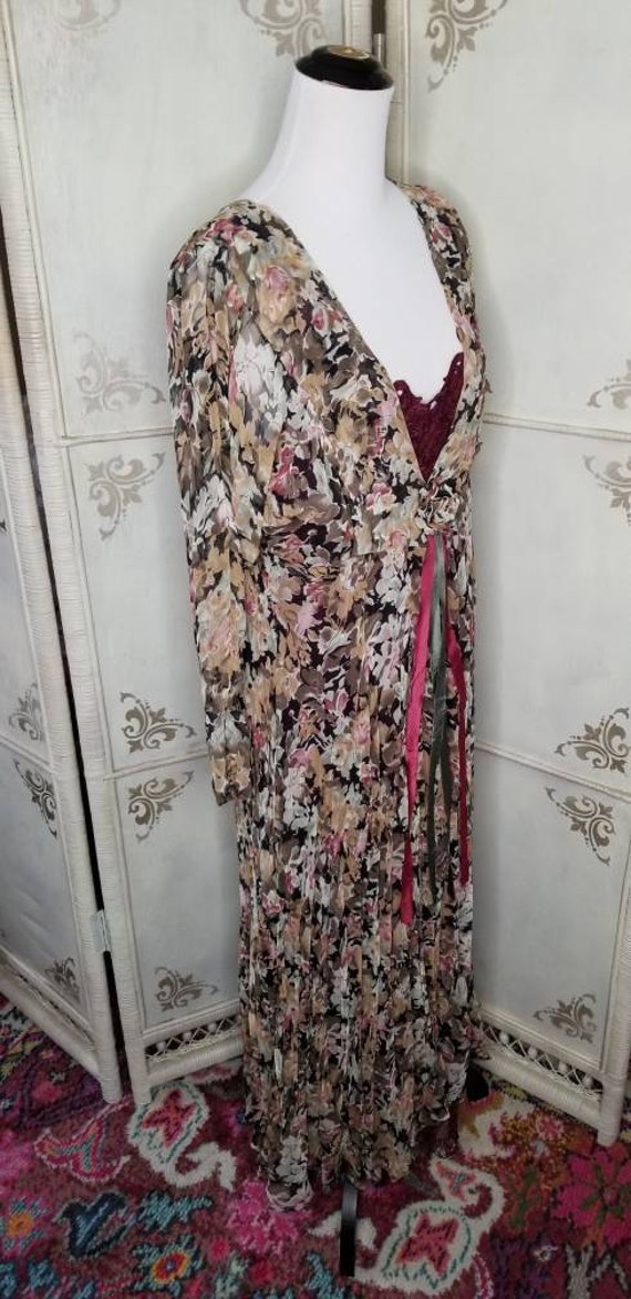 80s Lew Magram Floral Dress Burgundy Small - image 3