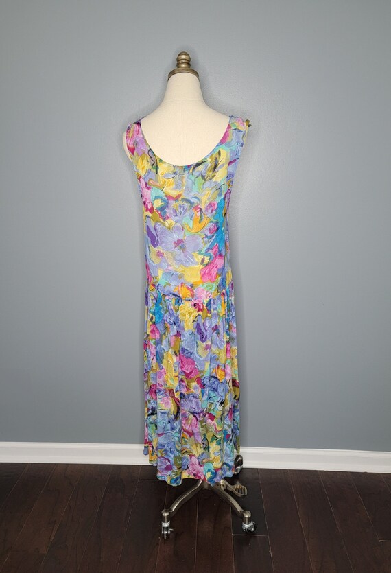 1990s Floral Watercolor Print Drop Waist Dress Si… - image 4