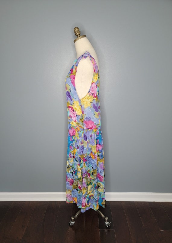 1990s Floral Watercolor Print Drop Waist Dress Si… - image 5