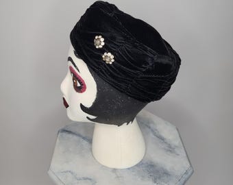 Midcentury Black Velvet Hat Rhinestone Floral Pill Box Hat