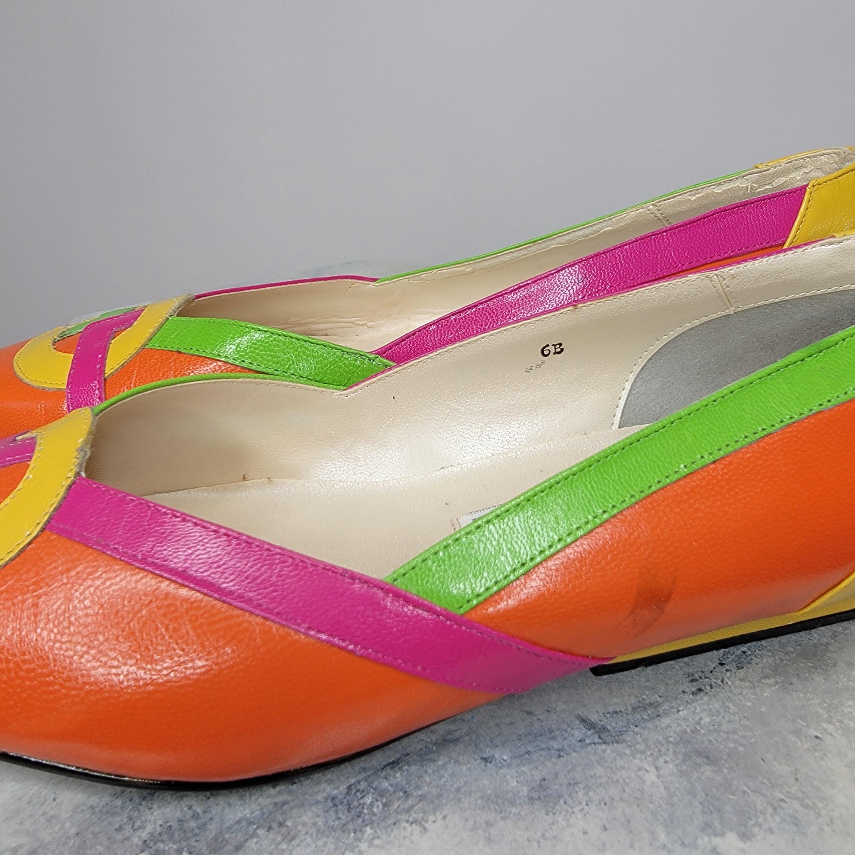 1980s Jasmin Point Toe Neon Orange Colorblock Heels Eighties Party ...