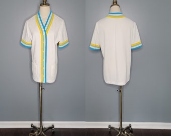 60s/ 70s Separate Thoughts by Nardis White Ribbed Sweater Yellow and Blue Trim Cardigan 2D