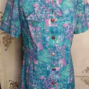 60s Watercolor Blue and Lavender Pastel Print Dress 1A image 2