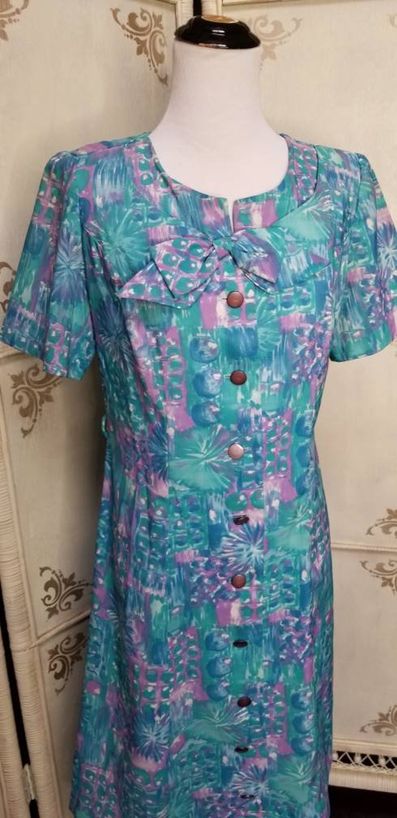 60s Watercolor Blue and Lavender Pastel Print Dress 1A image 2