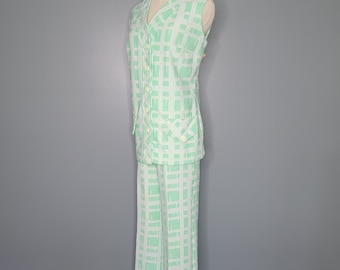 1960s Mint and White Geometric Print Leisure Set Stockton Sixties Party