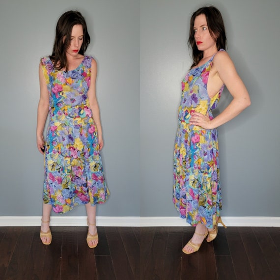 1990s Floral Watercolor Print Drop Waist Dress Si… - image 1