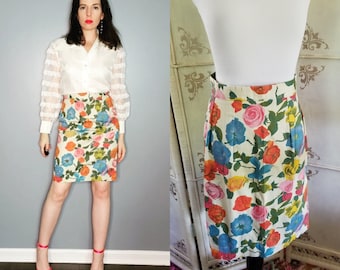 1980s High Waist Floral Pencil Skirt Vintage 80s Handmade Skirt
