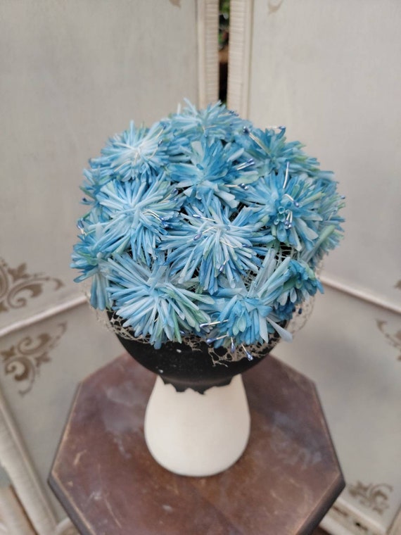 60s Phipps Blue Floral Pillbox Hat - image 6