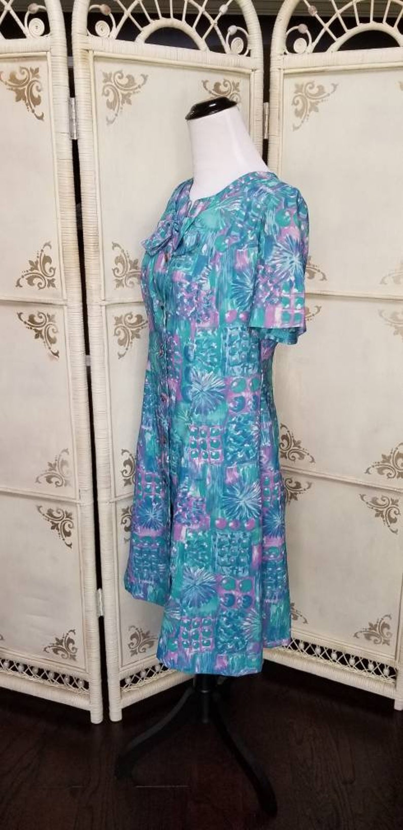 60s Watercolor Blue and Lavender Pastel Print Dress 1A image 5