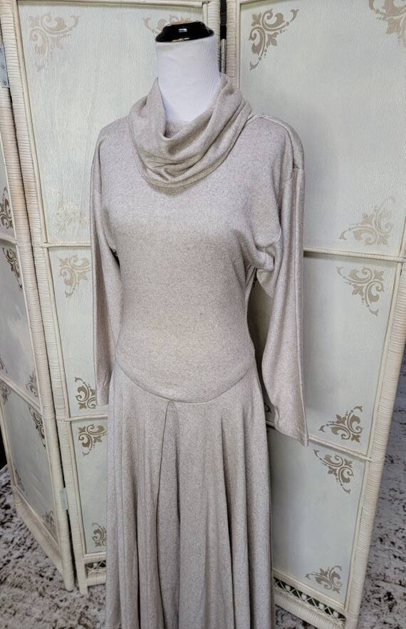 1980s  Cowl Neck Sweater Dress Handmade Beige Dre… - image 3