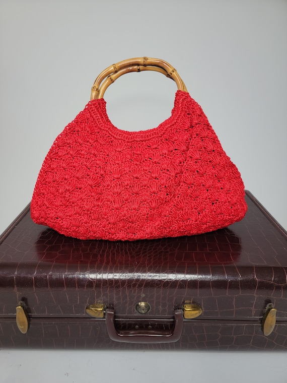 信頼も厚い 1960s Orange Top Handle Bag 1970s Handbag Bamboo Handle ハンドバッグ