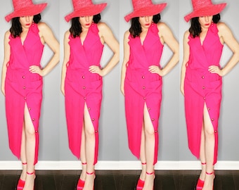 80s Hot Pink Sleeveless Dress - Madison Wells - Bold Collar Party Dress