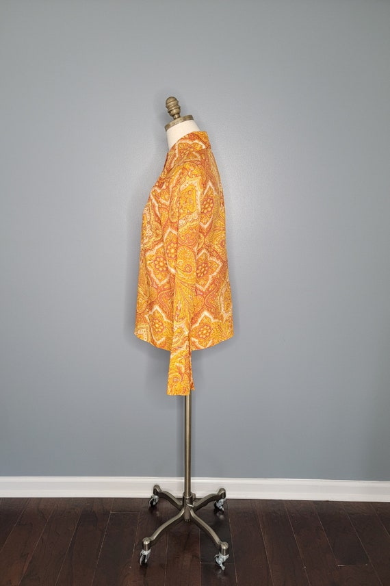 1970s Button Up Shirt Orange and Yellow Paisley S… - image 6