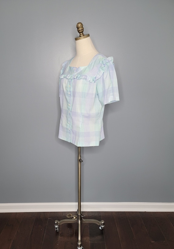 1980s White Blue and Green Plaid Ruffled Blouse Pa