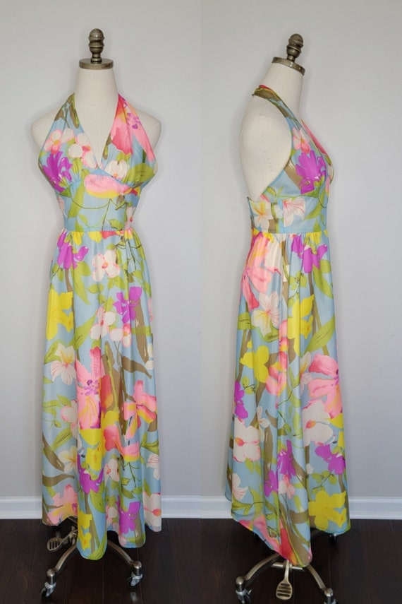 1970s Floral Halter Neck Gown Handmade XXS