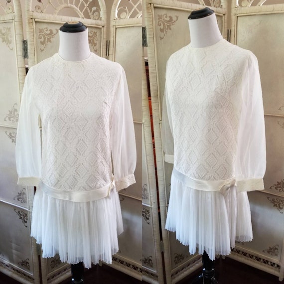 1969 Ivory Drop Waist Dress Pleated Petite