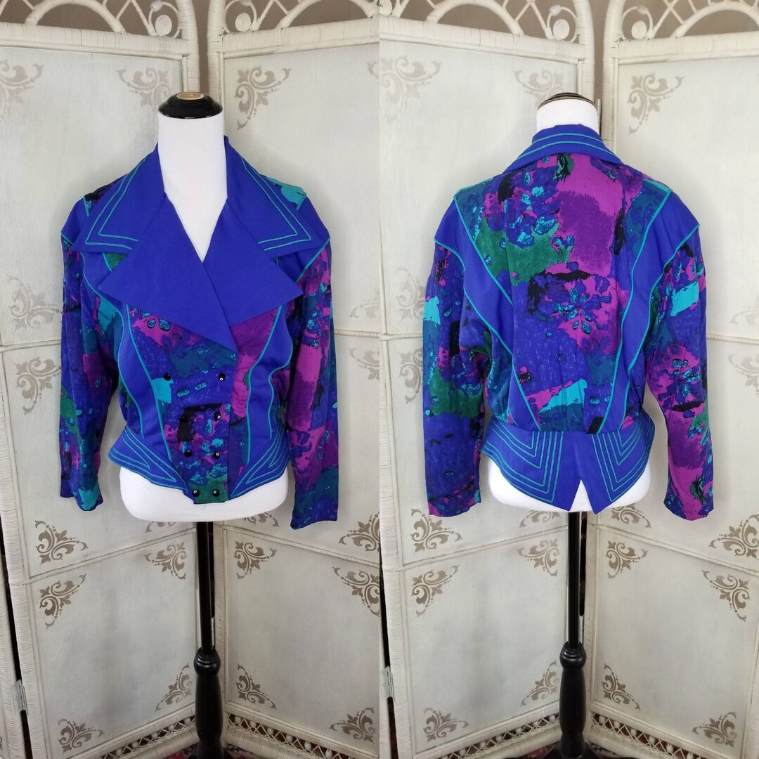 80s Fariri Jacket Neon Blue Size 7/8 Abstract Print - Etsy