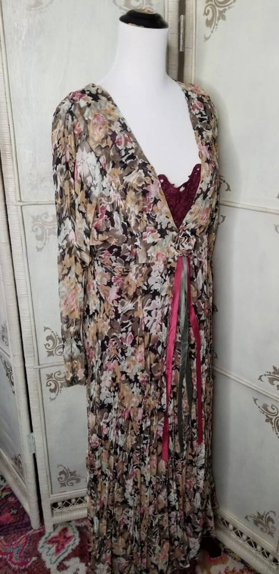 80s Lew Magram Floral Dress Burgundy Small - image 4