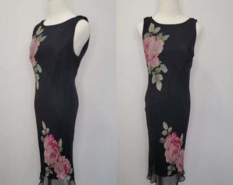 1990s Robbie Bee Black Silk Dress Rose Print Size 12