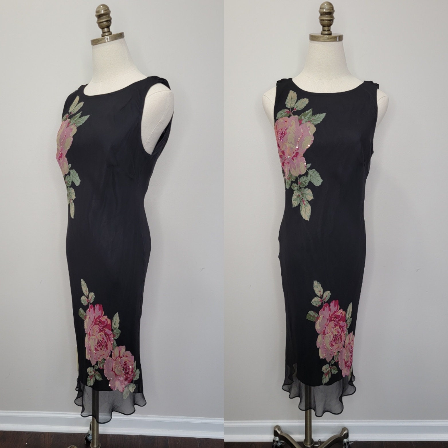 Années 1990 Robbie Bee Robe en soie noire Rose Print Taille 12