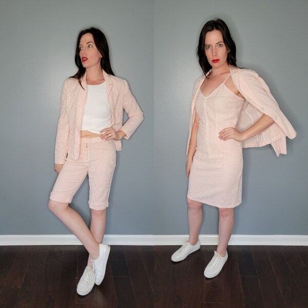 1990s Pink and White Stripe Seersucker Suit Set with Dress Jacket and Shorts 90s Three Piece Set