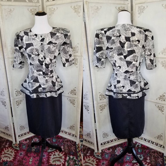 80s Black and Ivory Peplum Dress by Perceptions S… - image 1