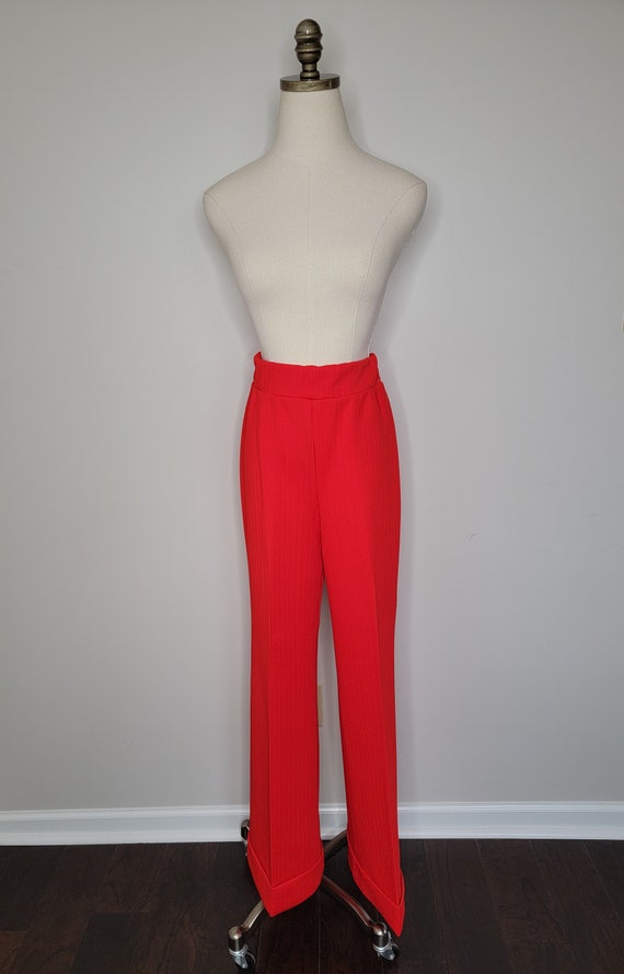 1970s Red Ribbed Polyester Wide Leg Pants Stockto… - image 4
