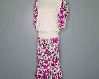 1980s Pink and Purple Floral Skirt and Sweater Blouse Set Anthony Sicari Eighties Party
