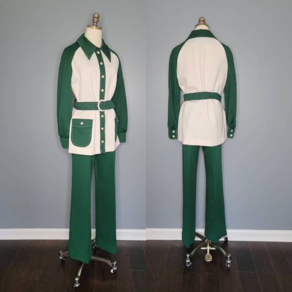 70s Nardis of Dallas Green and White Polyester Sh… - image 1