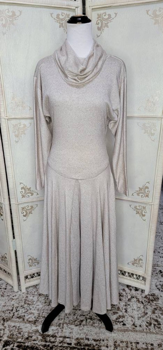 1980s  Cowl Neck Sweater Dress Handmade Beige Dre… - image 2