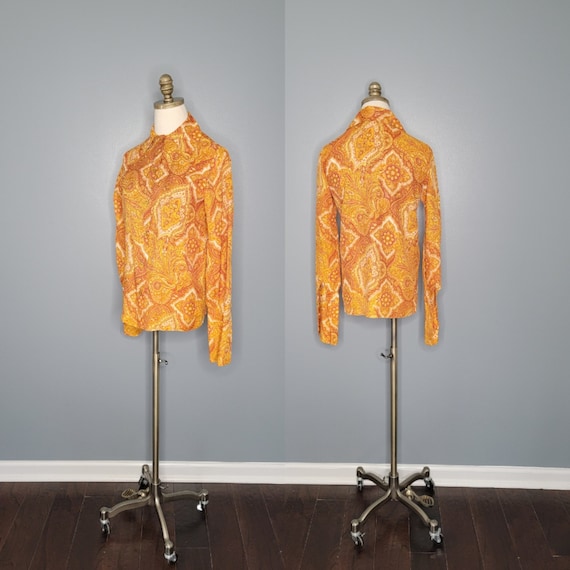 1970s Button Up Shirt Orange and Yellow Paisley S… - image 1