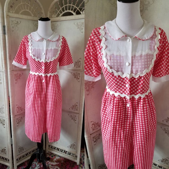 50s-60s Gingham Dress Two Piece Red and White Dres