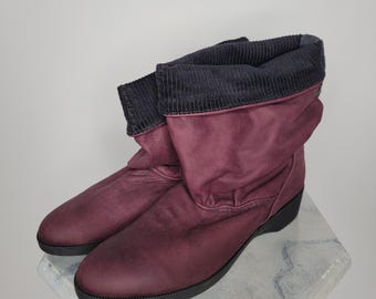 1980s Hush Puppies Plum Leather Slouch Boots Size 8.5 Narrow