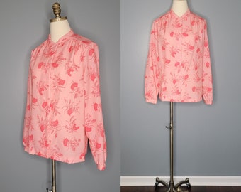 1970s Pink Button Up Shirt Center Stage Pink on Pink Barbiecore Floral Blouse