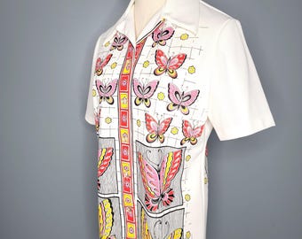 Vintage 70s Butterfly Print Shirt: Polyester Button-Up Top